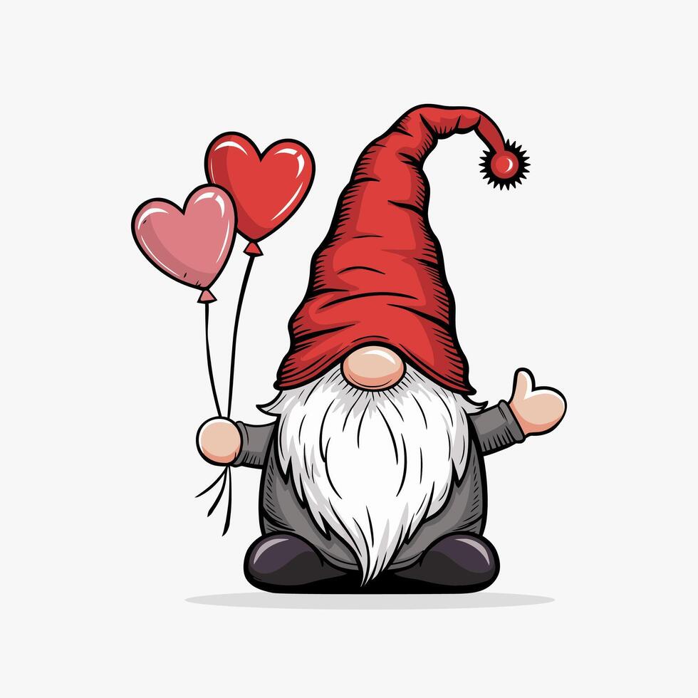 Cute Gnome with Heart Balloons, Perfect for Valentine's Day vector