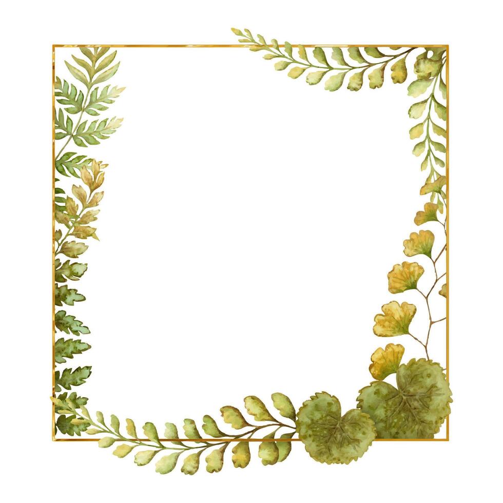 Square frame with fern leaves botanical card template in earth tone. Hand drawn watercolor floral element with thin gold. Perfect for the use of ecological material and modern designs. vector