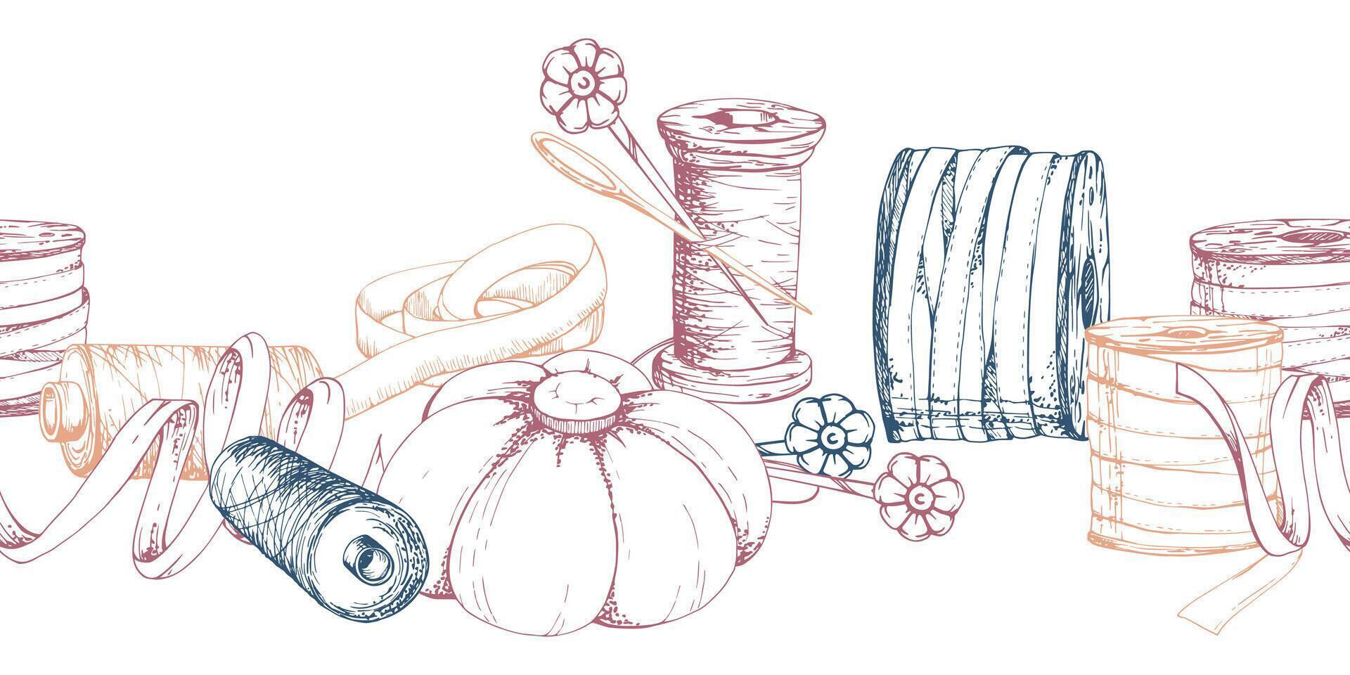 Sewing craft supplies hand drawn ink illustration. Pin cushion ribbon thread bobbin needles flower pins. Seamless banner isolated on white background. Design atelier, tailor, hobby shop vector
