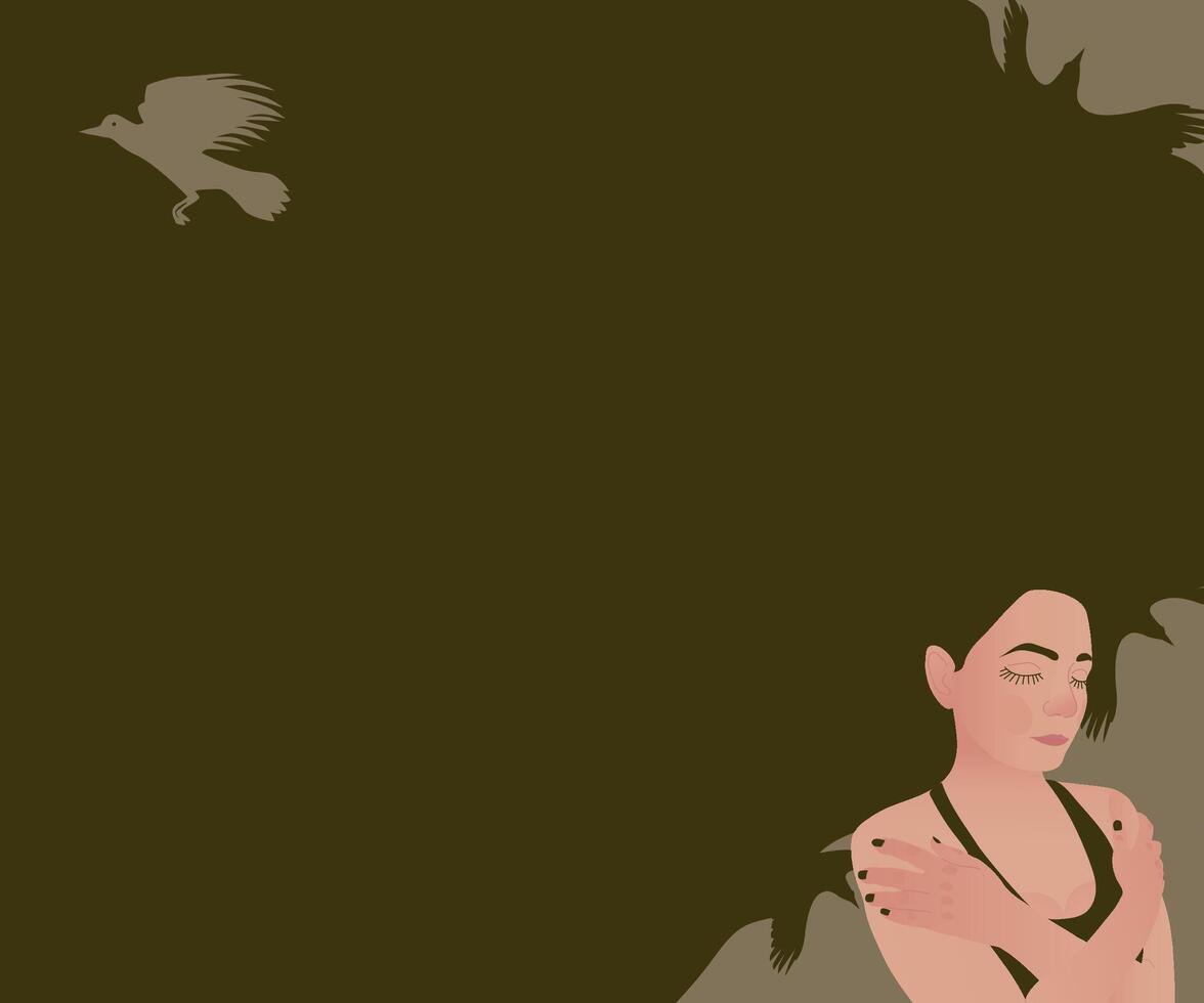 A sad woman with a dark spot of languid thoughts instead of hair and a flying bird as a symbol of hopelessness. Illustration on the topic of mental depression in adolescents. vector