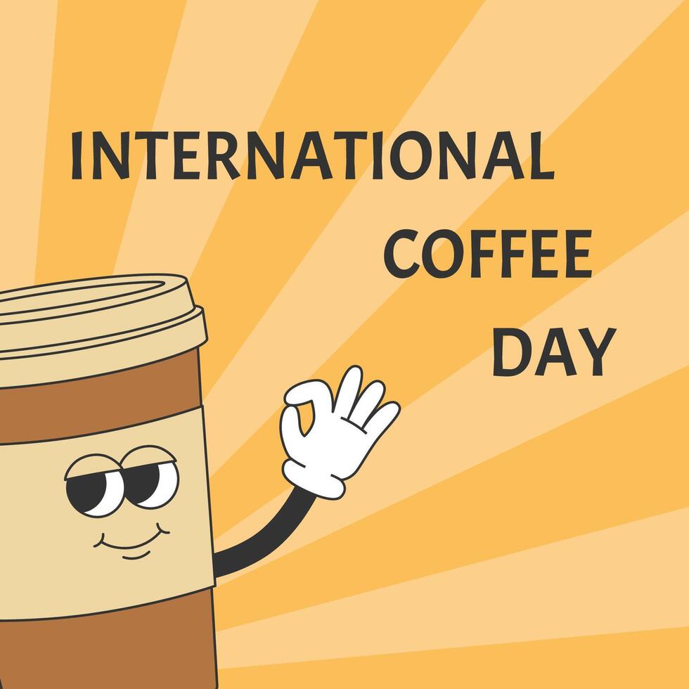 Banner template for National Coffee Day. Cute coffee cup character in retro groovy style vector