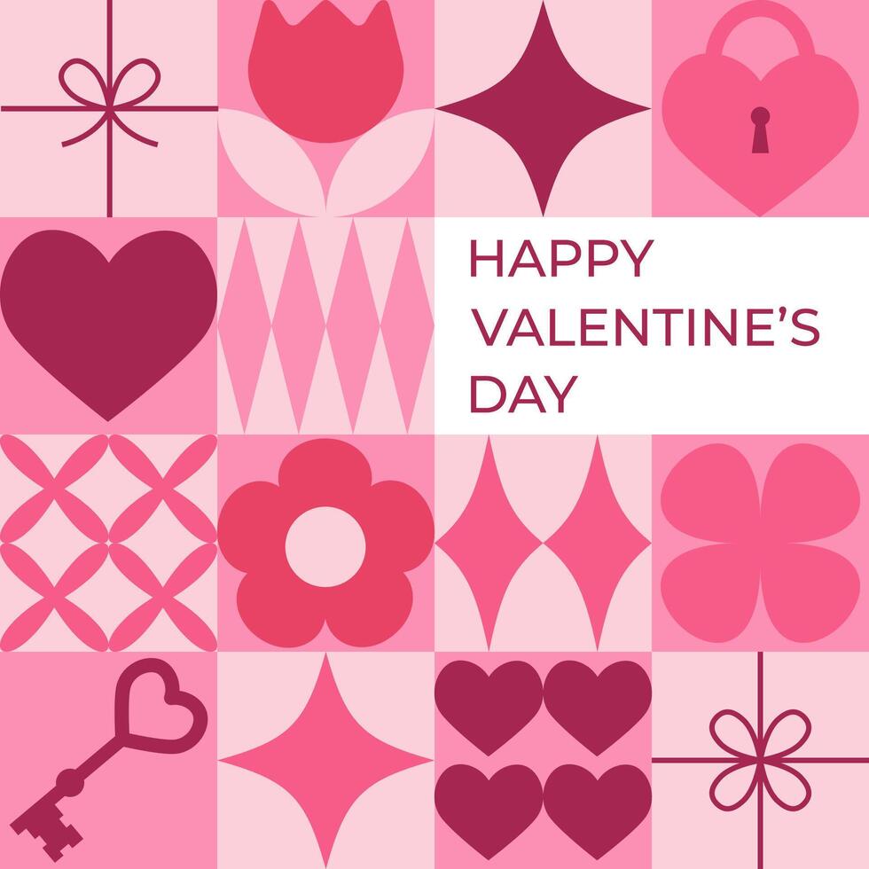 Square Valentine's day greeting card with pink geometric elements. Template for Valentine holiday design vector