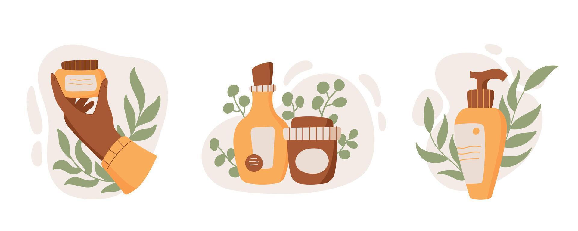 Cartoon eco hygiene cream bottle in hand, natural moisturizing skin care product jar, trendy organic skincare shampoo tube, colorful isolated makeup pack collection, illustration. vector