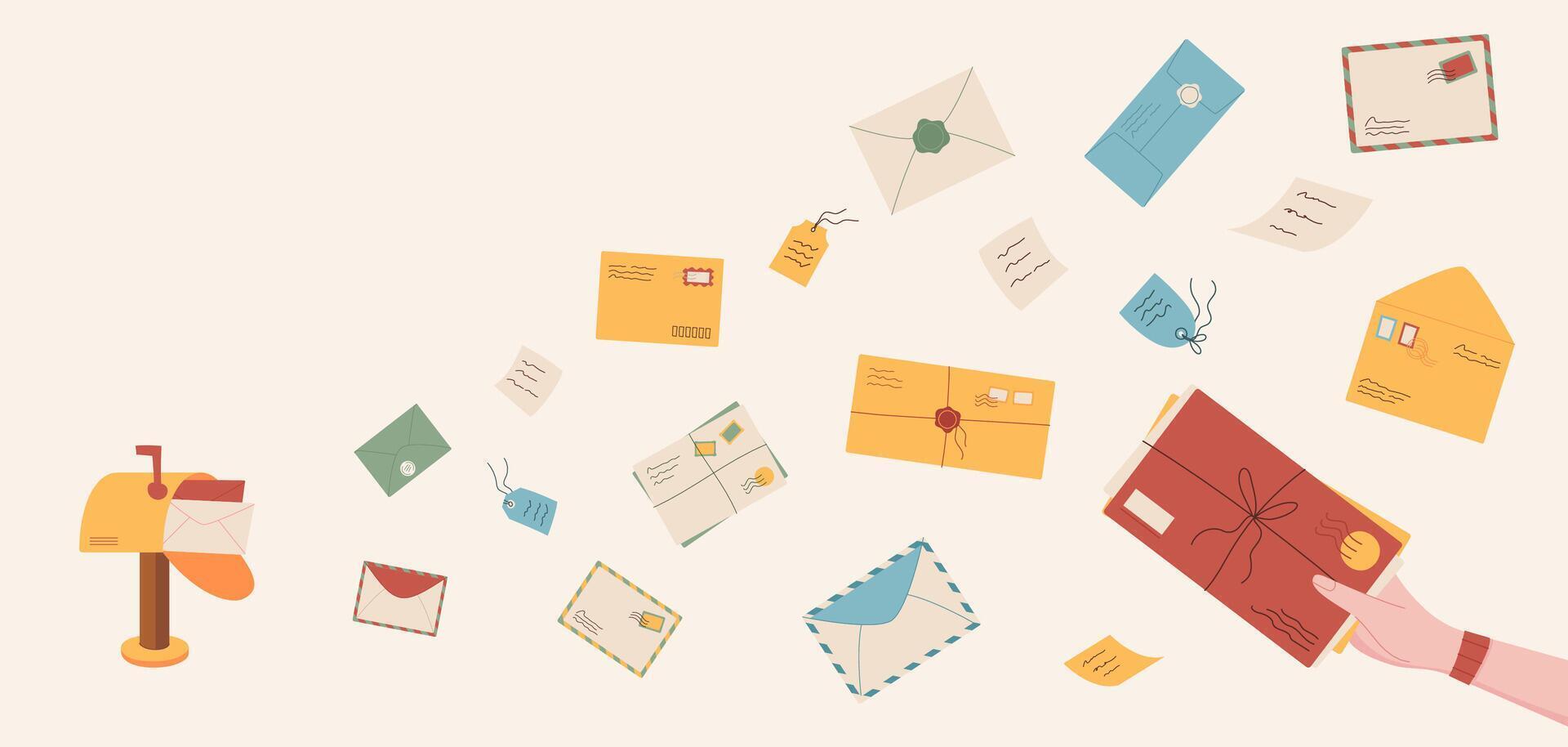 Trendy style craft envelope design concept drawing, creative greeting mail template background, hand holding flat postcard and cartoon handwritten letter flying from mailbox illustration. vector