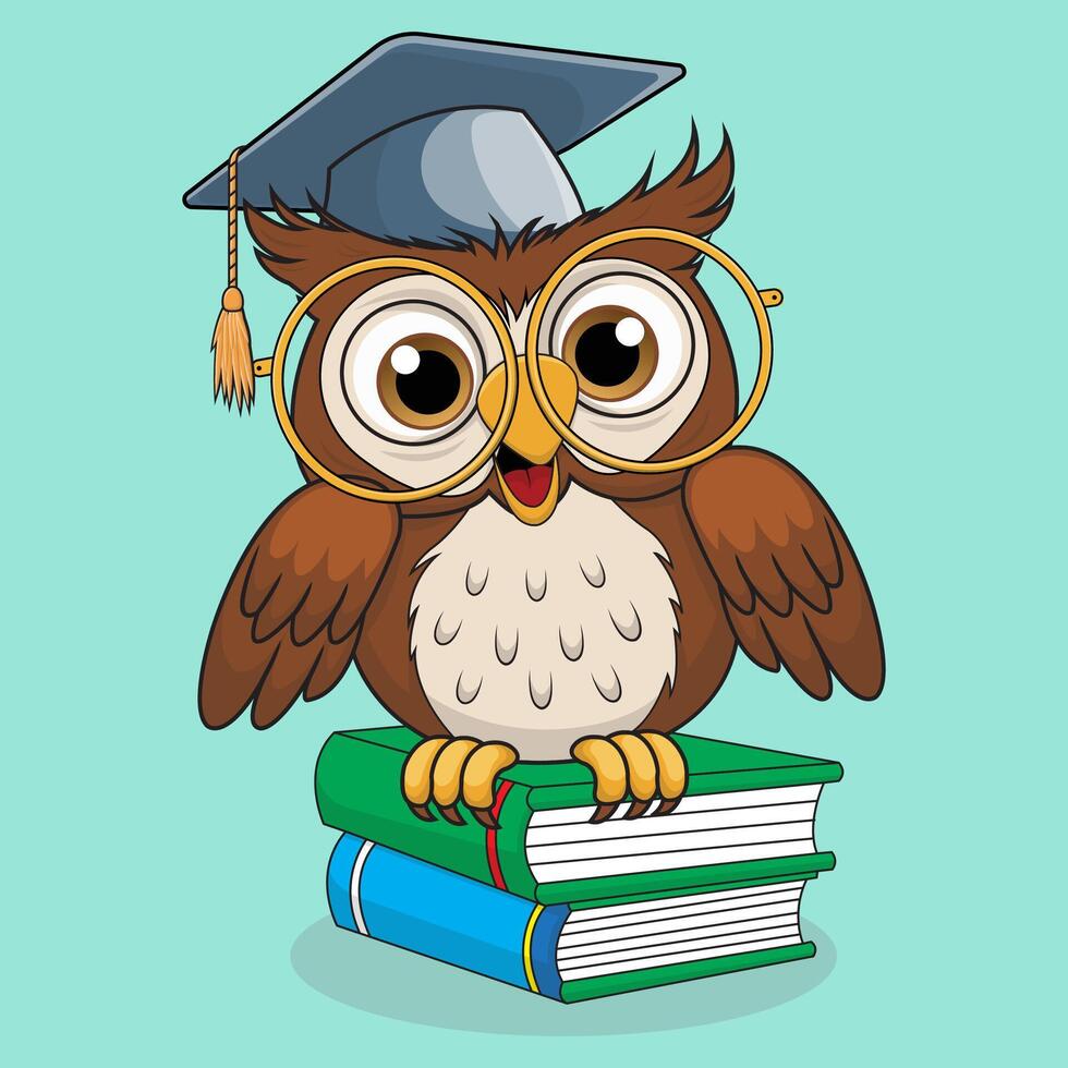 Owl in graduation cap and glasses with books illustration. vector