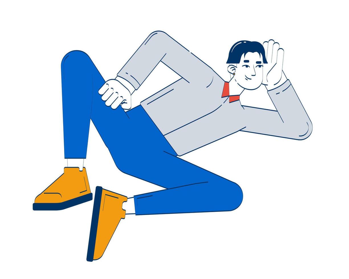 Happy korean office employee resting at work 2D doodle character. Positive relaxed asian male lying while having break cartoon person drawing isolated on white. Hand drawn illustration colorful vector
