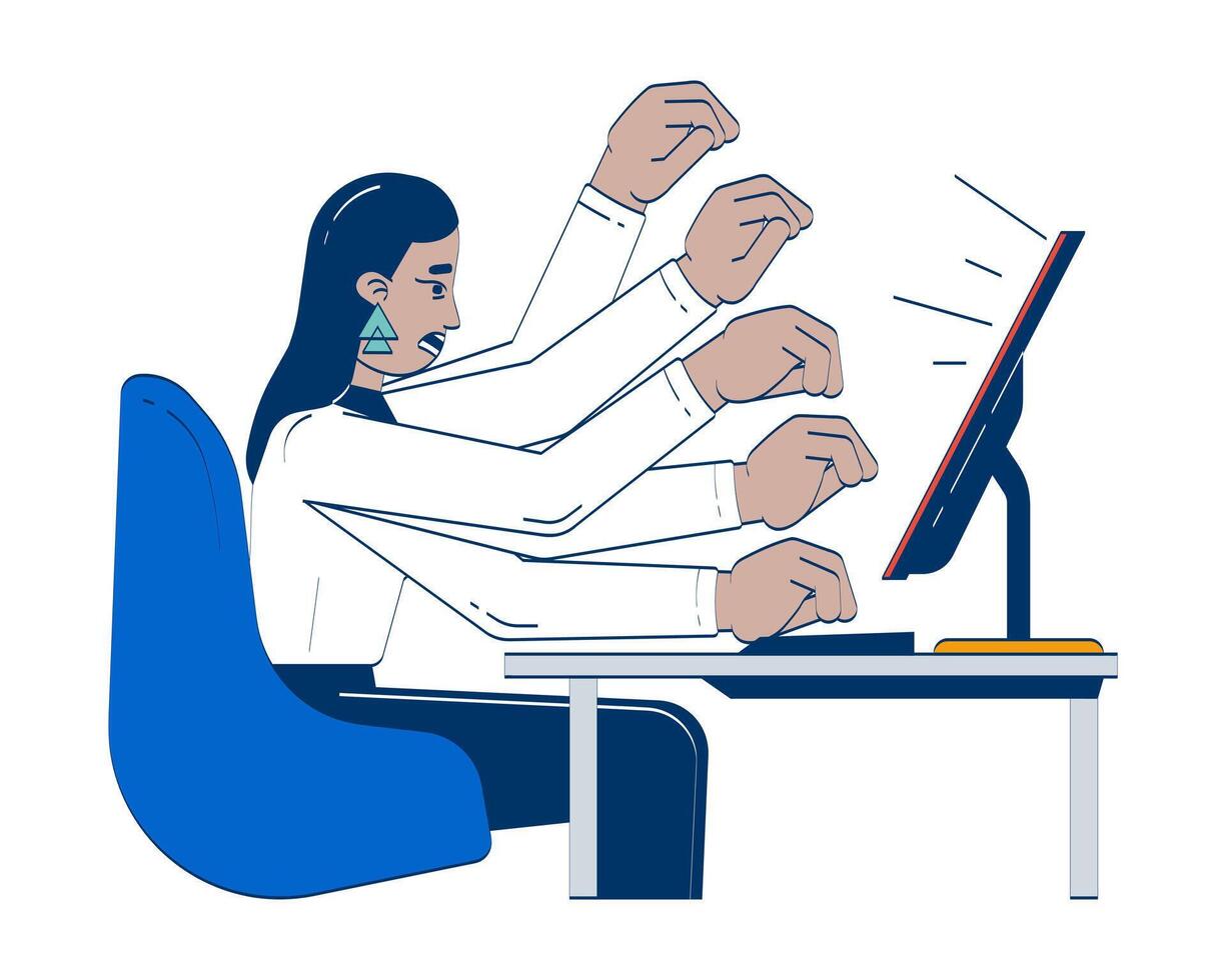 Stressed arab woman working on computer 2D doodle character. Female corporate employee hurrying up with tasks cartoon person drawing isolated on white. Hand drawn illustration colorful vector