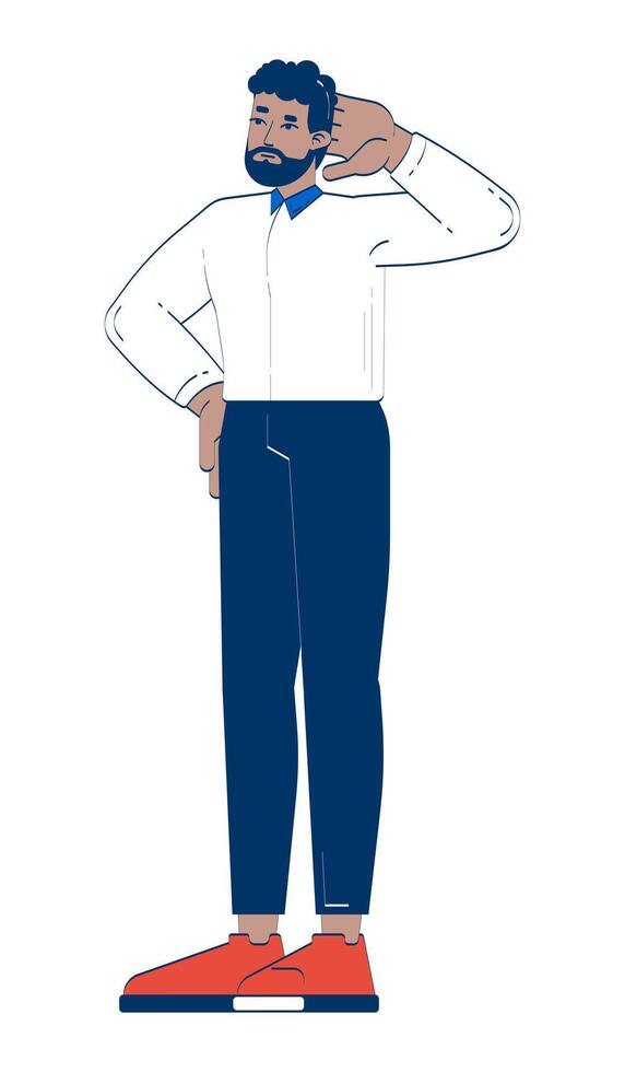 Thoughtful african american corporate employee 2D doodle character. Black male entrepreneur expressing confusion cartoon person drawing isolated on white. Hand drawn illustration colorful vector