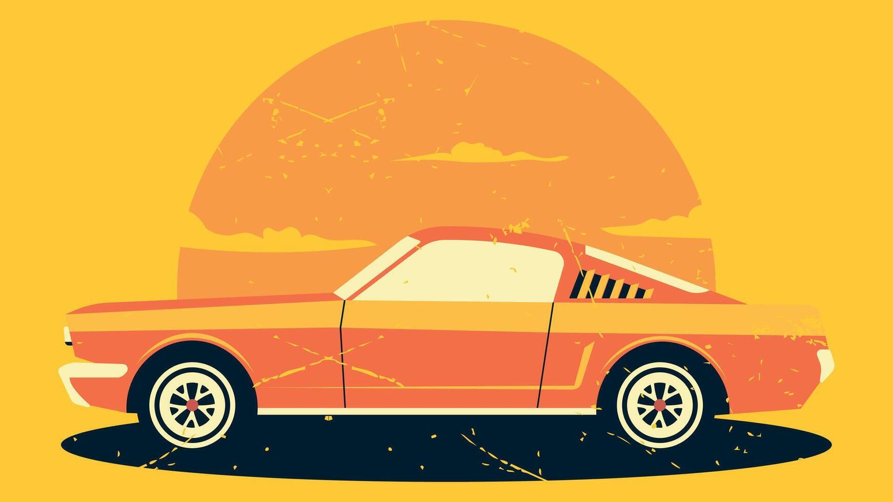 Retro Car Poster, Mustang 1965 Red Color, Sunset Retro Texture Poster With Sportcar vector