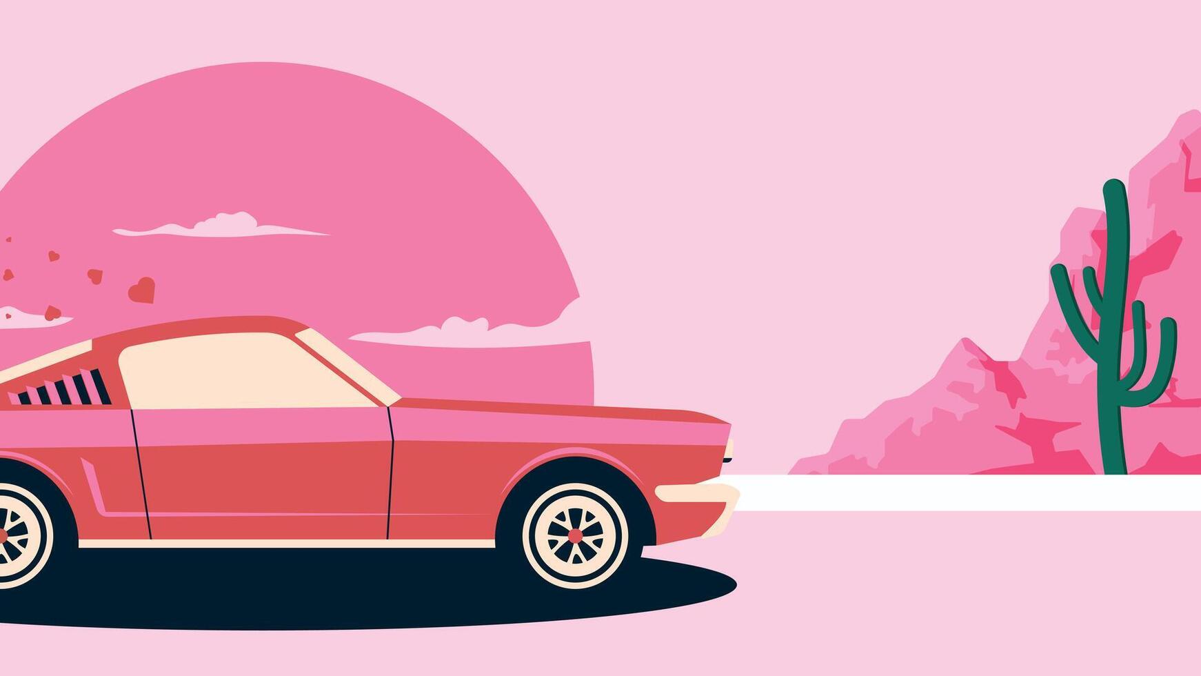 Valentine's Day Retro Car Poster, Mustang 1965 Pink Color, Pink Sunset Wallpaper vector
