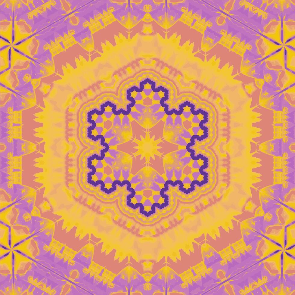 Kaleidoscopic pattern featuring a central star-like motif and snowflake shape. Vibrant shades of purple and yellow make dynamic color palette. Abstract motifs suitable for fabric prints or wallpaper vector