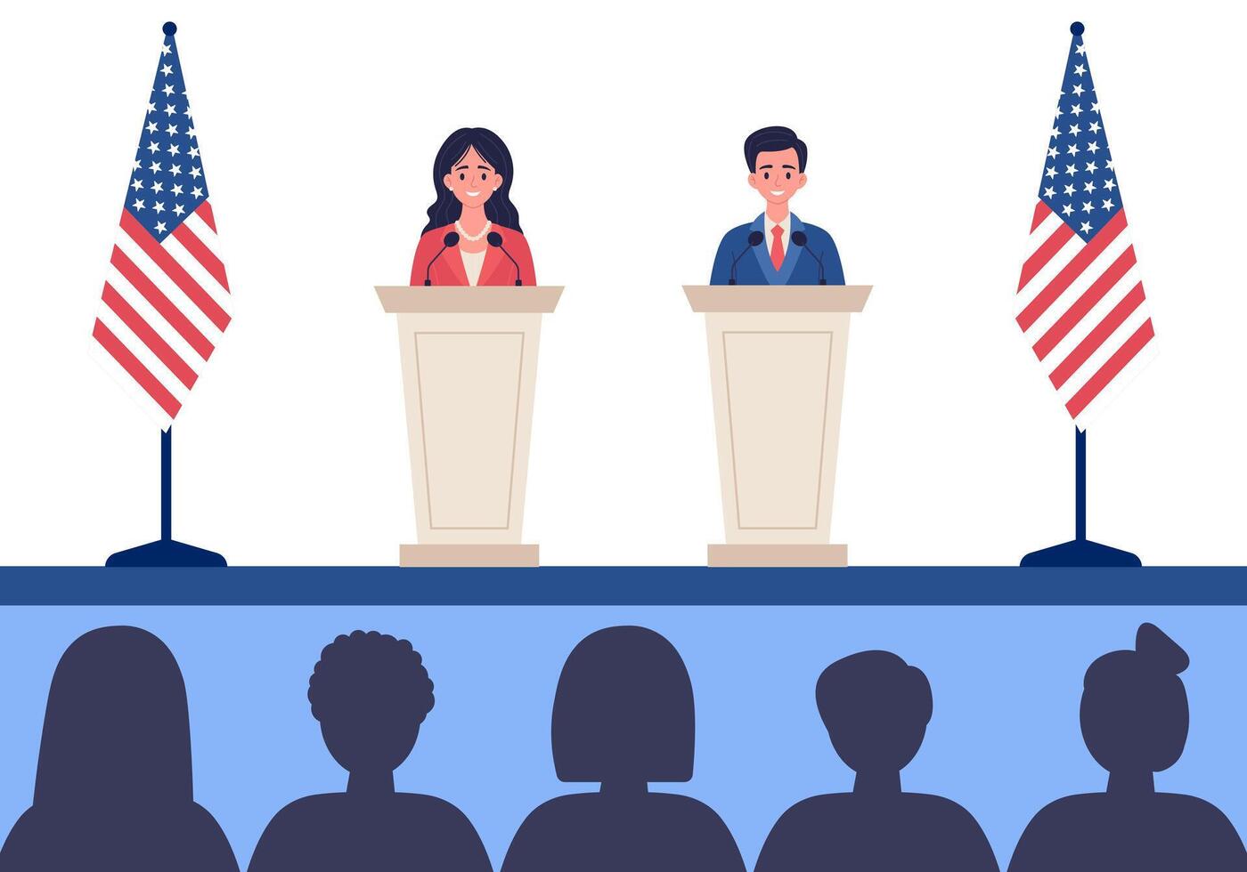 political leaders behind podium with USA flags and silhouettes of spectators. illustration. vector