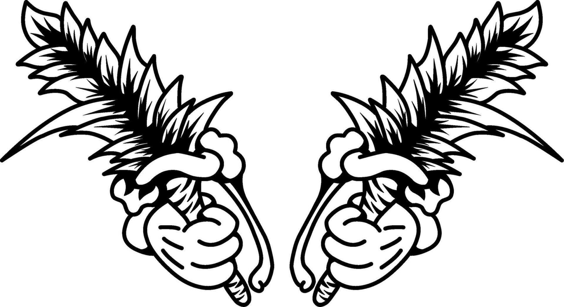 pair of hands, each grasping a blossoming sword with serrated leaves, face each other in a delicate standoff vector