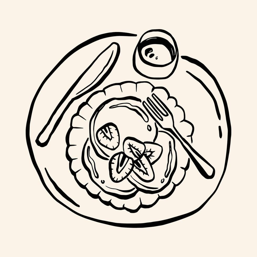 A minimalist line art of pancakes with strawberries and coffee, ideal for breakfast-themed designs or decor. vector