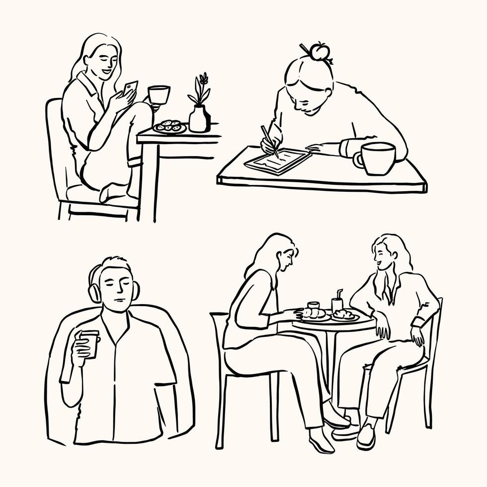 A collection of minimalist line art illustrations depicting serene and cozy cafe scenes with relaxed individuals enjoying coffee, working, and engaging in activities vector