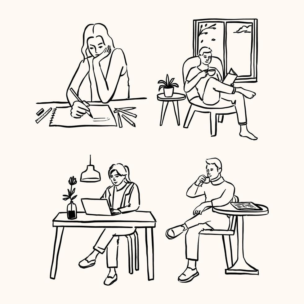 Minimalist Line Art Cafe Scene Illustrations vector