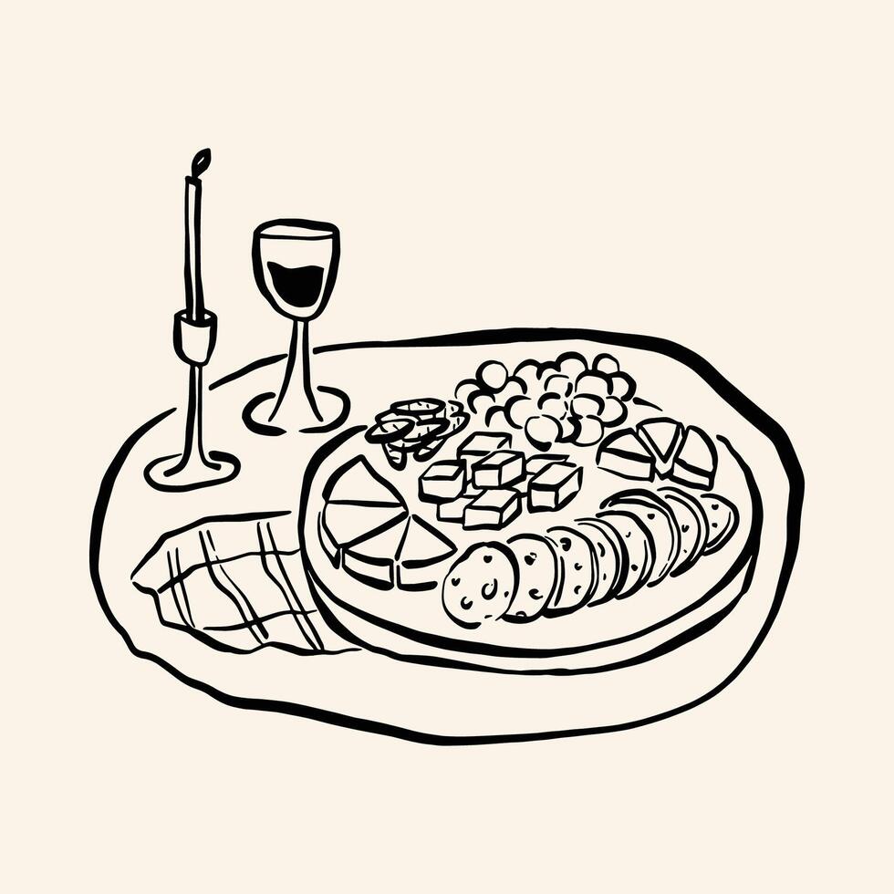 A serene minimalist line art featuring a breakfast scene with candles, creating a peaceful and aesthetic ambiance. vector