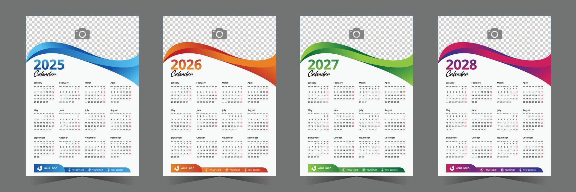 creative calendar layout 2025, 2026, 2027, 2028 design. set of one page calendar design template with abstract shape vector