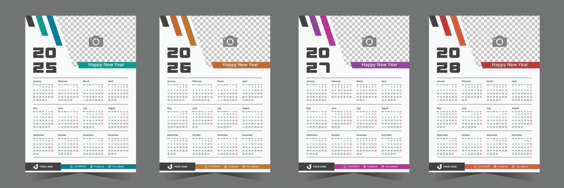 2025, 2026, 2027, 2028 Calendar Design Pack Template. set of one page calendar design with geometric shape vector