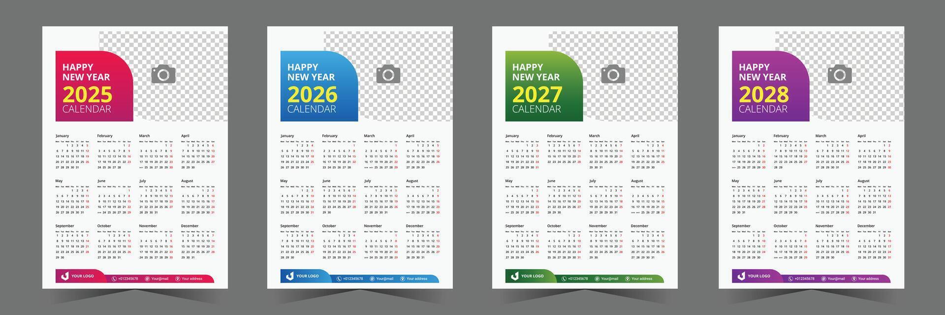 creative calendar layout 2025, 2026, 2027, 2028 design. set of calendar design with gradient style vector