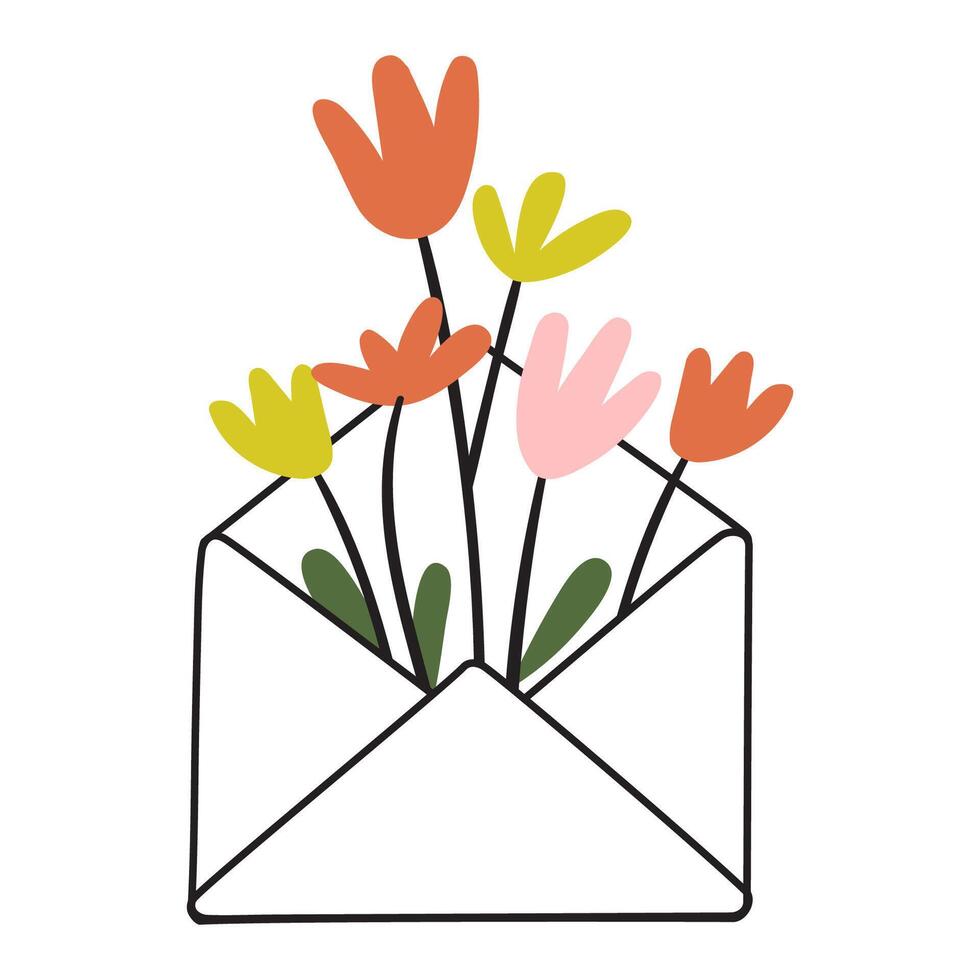 Beautiful wild flowers inside envelope. Hand drawn design. illustration on white background. vector