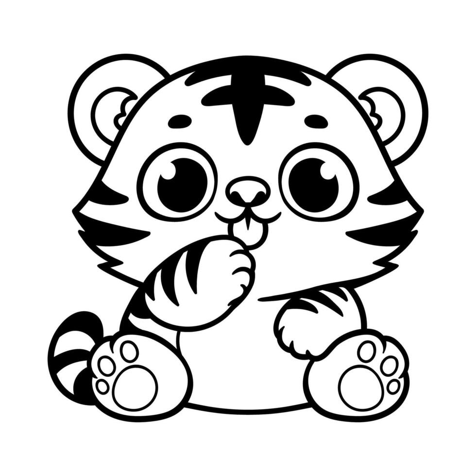 fun cute baby sitting tiger cartoon character isolated drawing line style sketch classic vintage design illustration vector