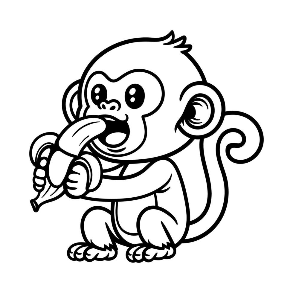 fun cute sitting monkey with banana cartoon character isolated drawing line style sketch classic vintage design illustration vector