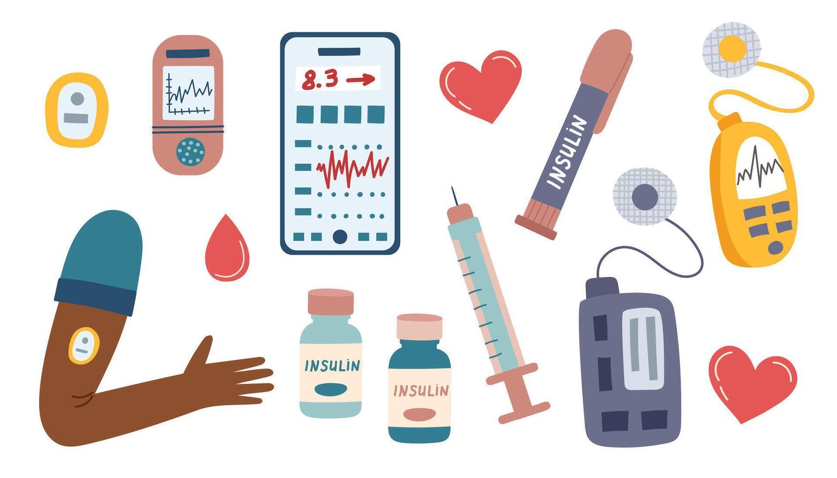 Concept of diabetes control and healthcare. Medical equipment set for measuring sugar level and insulin injections. Insulin pumps, glucometer, phone, insulin, syringe and human hand. vector