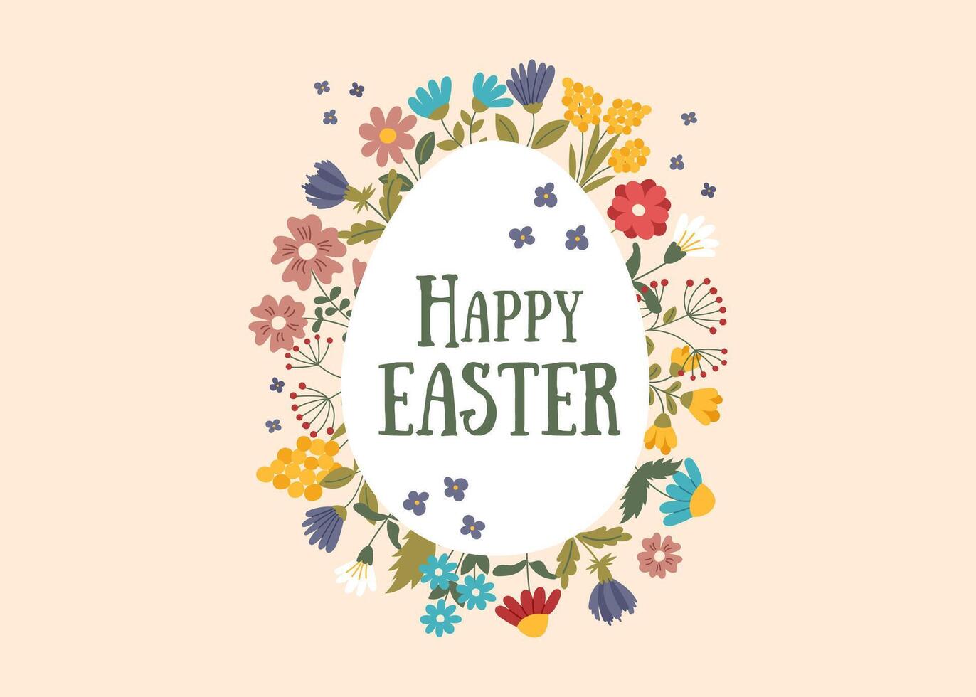 Easter background with flowers and shape of Easter egg in the middle. vector