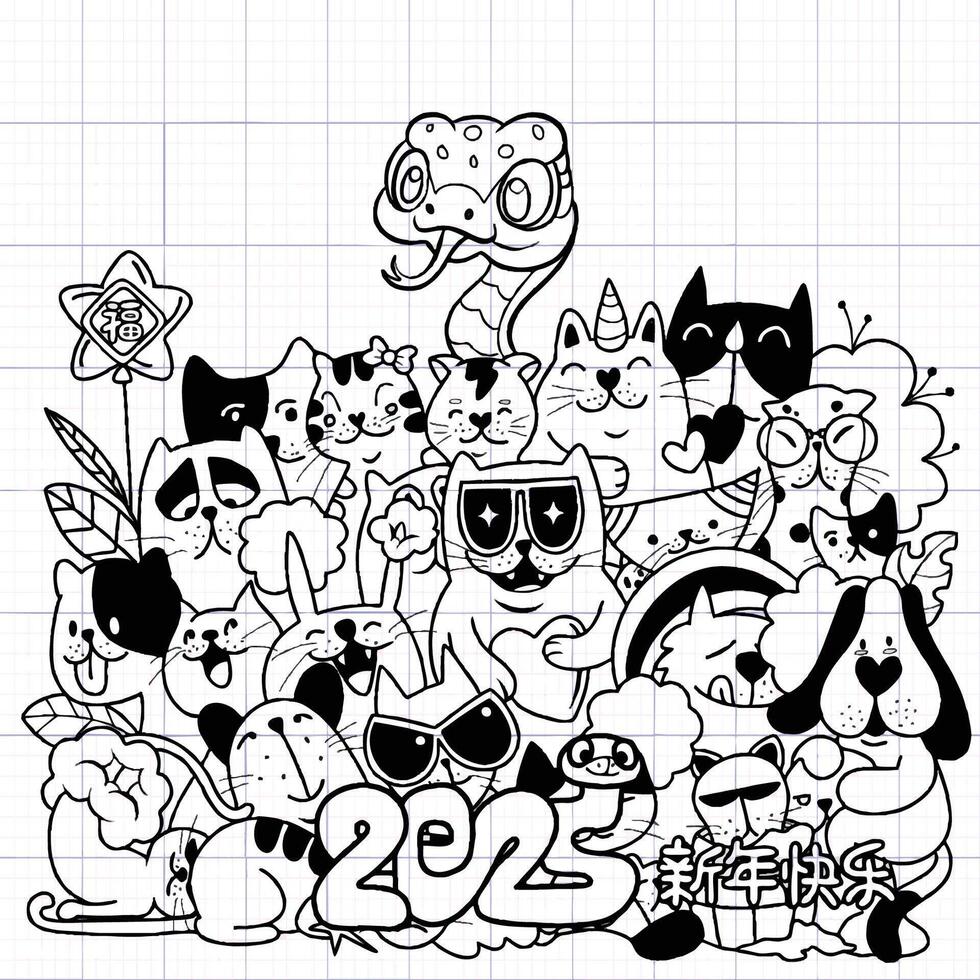 A 2025 New Year celebration with playful doodles and cheerful Snake vector