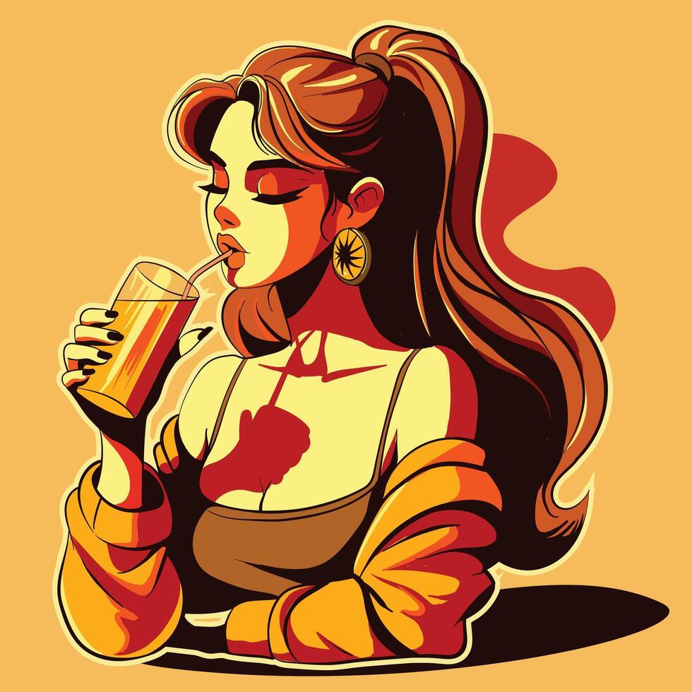 Summertime art concept at golden hour with interesting shadows. Cartoon woman with long wavy hair drinking lemonade with a straw. vector