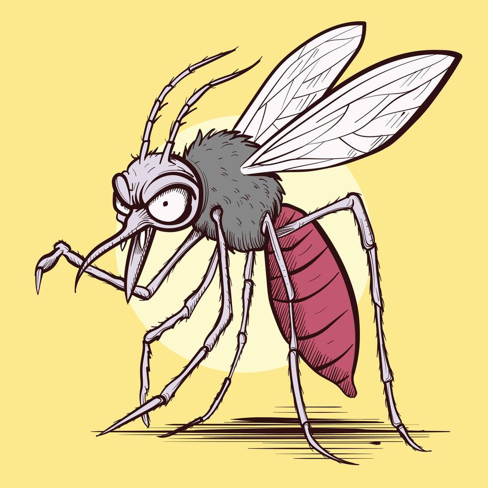 Cartoon clipart of an angry mosquito looking at you. Small evil insect with wings. vector