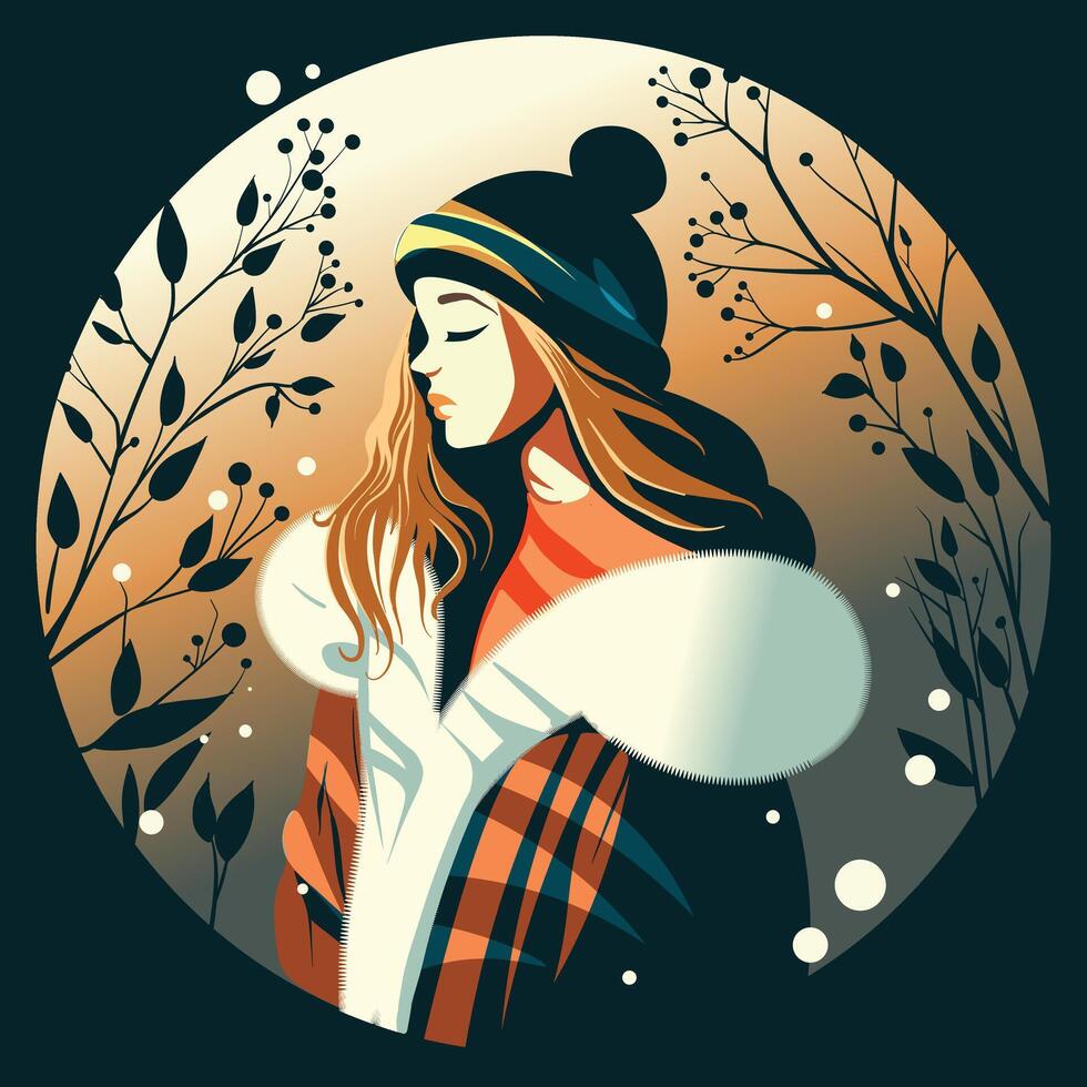 Flat illustration of a woman in winter clothes being touched by sun rays and interesting shadows. Girl at golden hour in nature surrounded by leaves and branches. vector