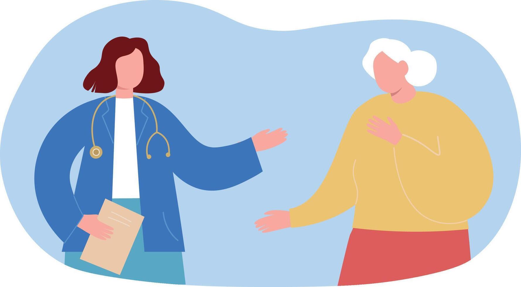 A doctor and an elderly woman patient came for an appointment. The nurse helps the old woman, explains, advises. flat graphics. vector