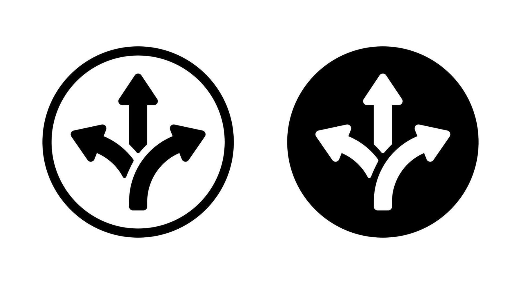 Three way direction arrow icon on black circle. Triple arrows sign symbol vector