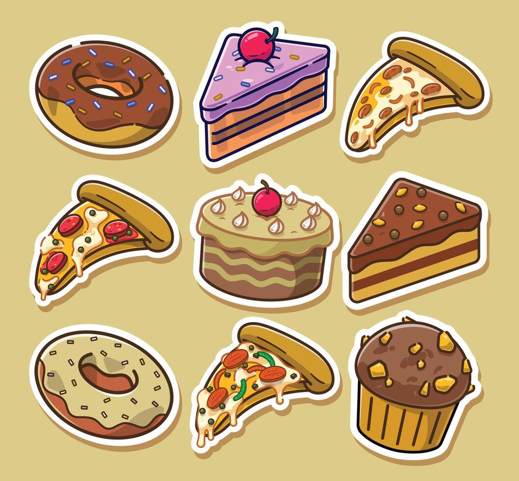 a Set of Sticker of All Bakery Items Including Pizza. vector
