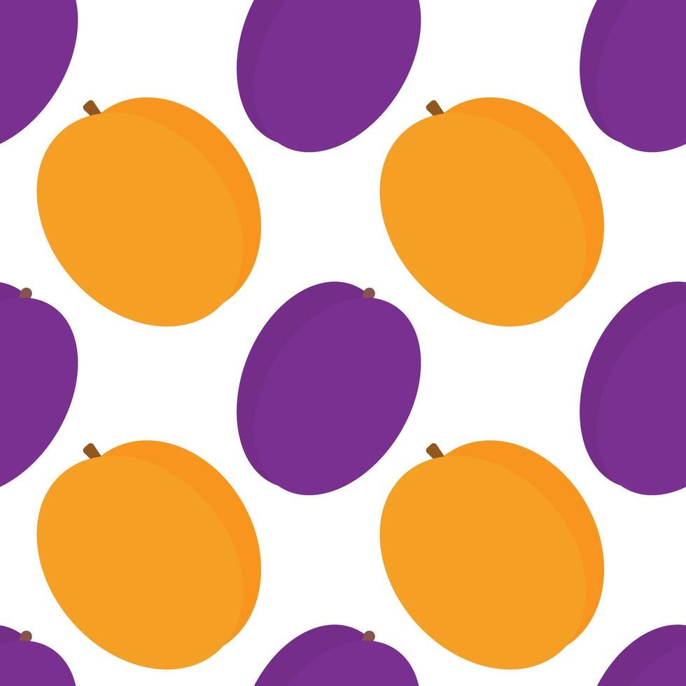 Apricots and plums Seamless pattern in trendy orange and purple. Summer fruits Background concept. Isolated illustration Wrapping, wallpaper or web promo backdrop cards, leaflets, banner, label vector
