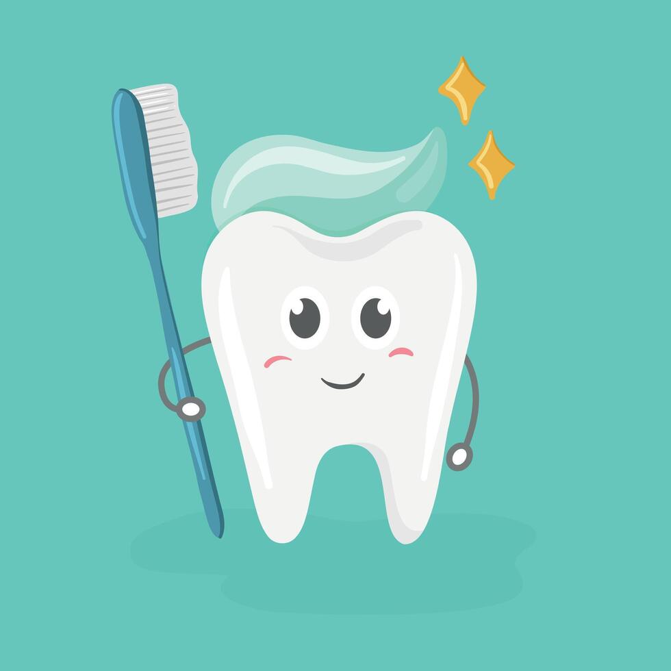 A tooth holds a toothbrush and clean teeth. vector