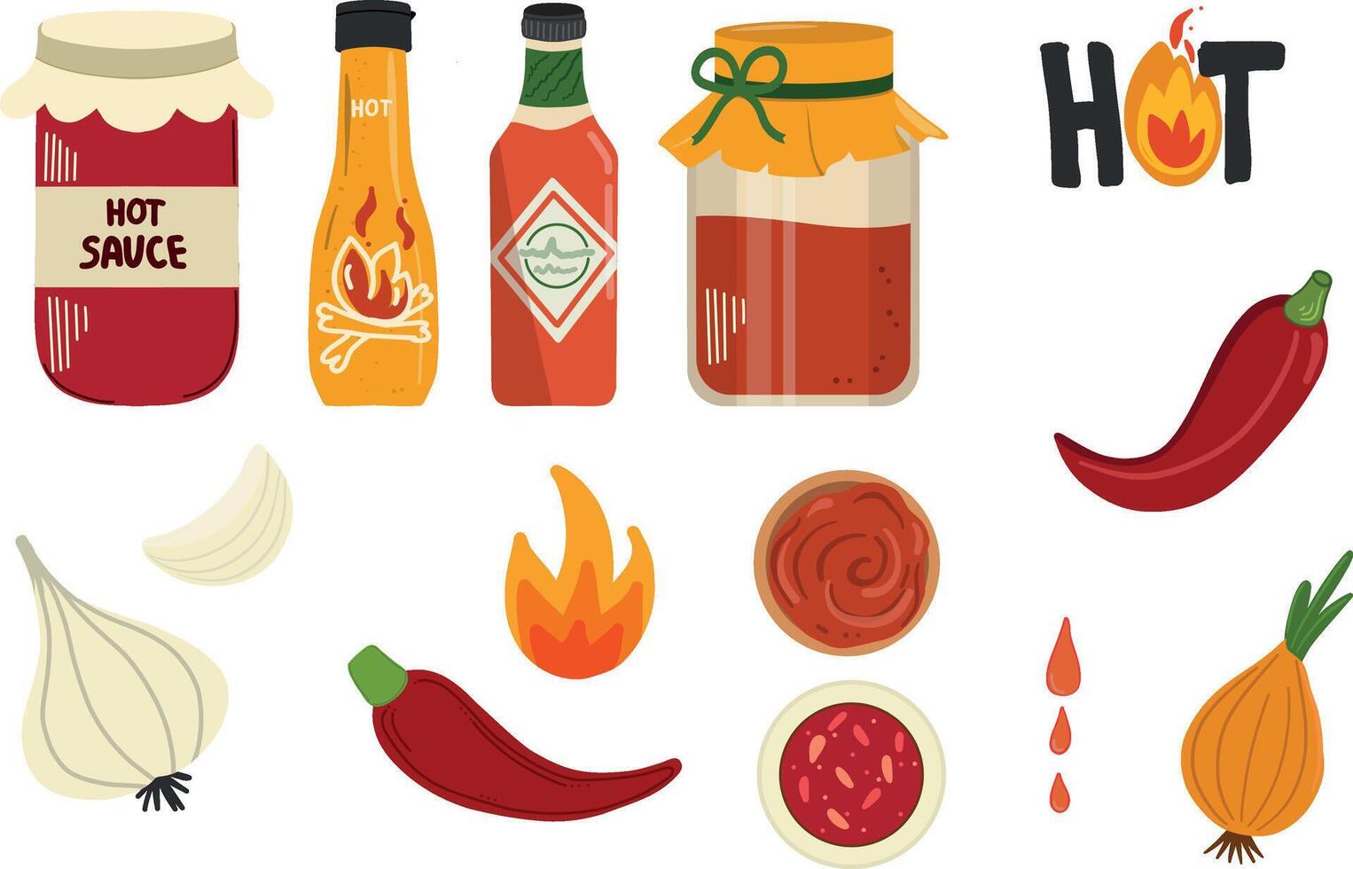 Hot chilly sauce set. Spicy kitchen, bottles with sauces vector