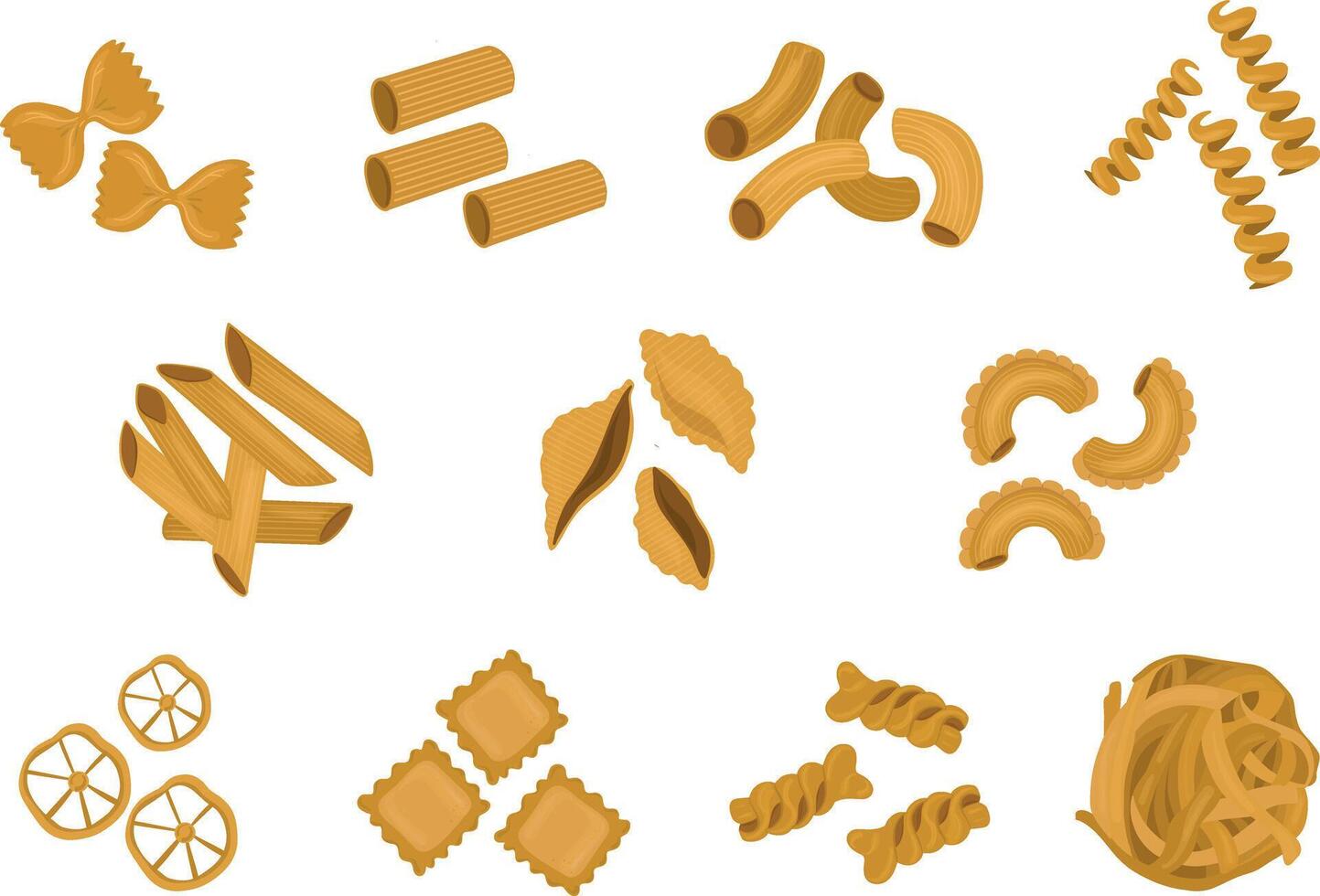 Big set with the different types of Italian pasta illustration isolated on white background. Spaghetti, Farfalle, penne, rigatoni, ravioli, fusilli,conchiglie, elbows, fettucine illustration. vector