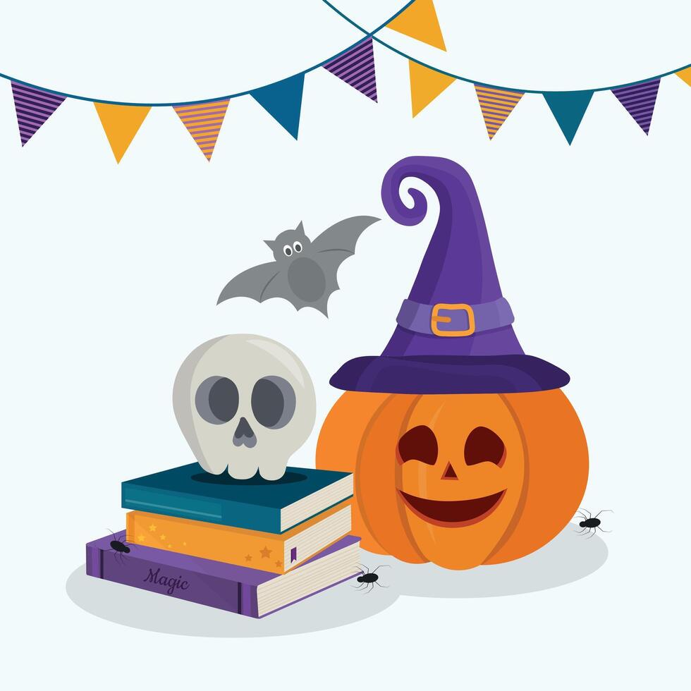 Halloween background, pumpkin wearing a hat with magic books . Greeting card for party and sale. Autumn holidays. vector