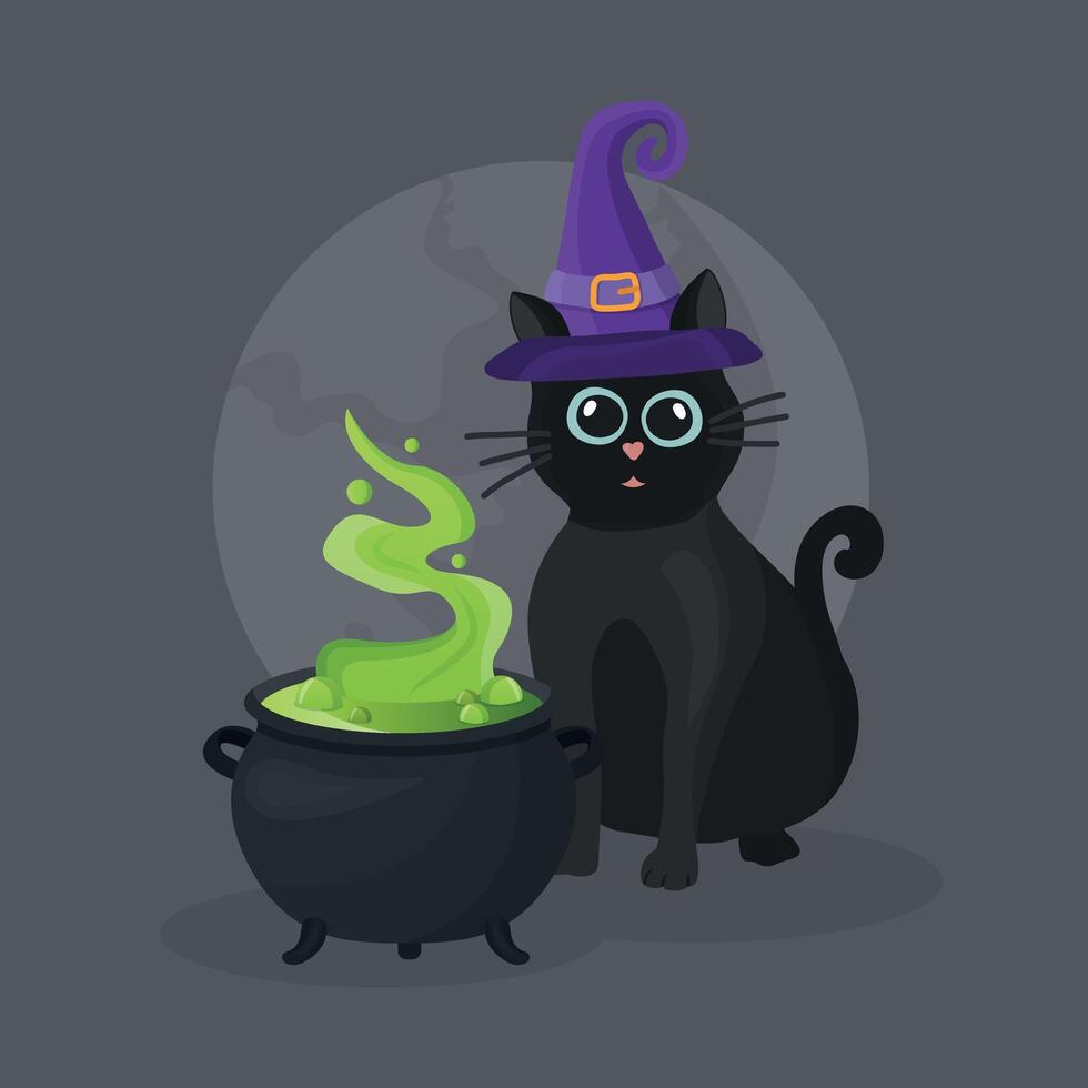 Halloween party banner, invitation card for holidays. with cauldron steel boiler with boiling magic brew or steaming goo. and the black cat. vector