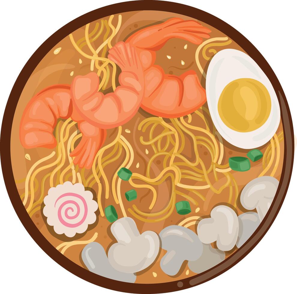 Ramen with noodles, shrimp, egg, and mushroom. Asian food. Doodle cartoon illustration for menu, and banner vector