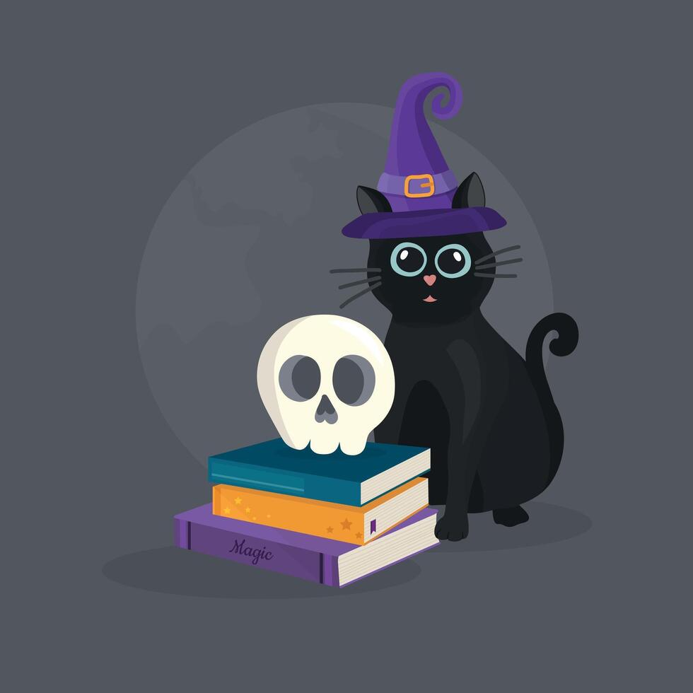 Halloween party banner, invitation card for holidays. with magic books and the black cat. vector