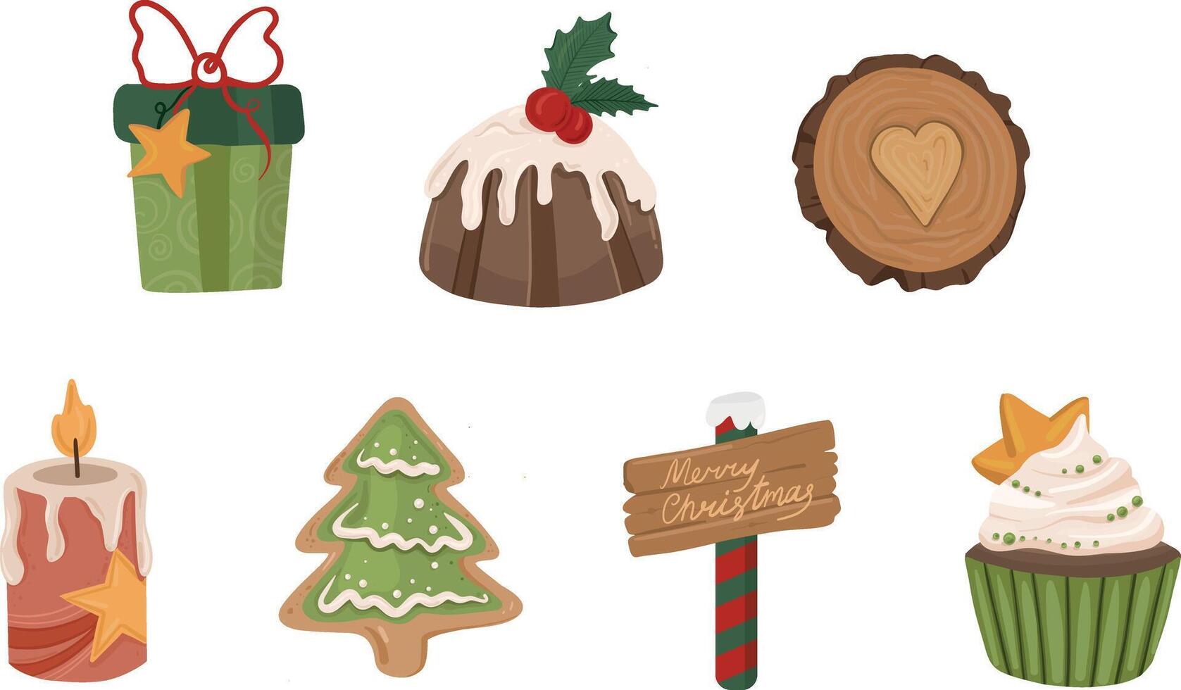 Cartoon Christmas set illustration. Gift, candle and cake elements vector