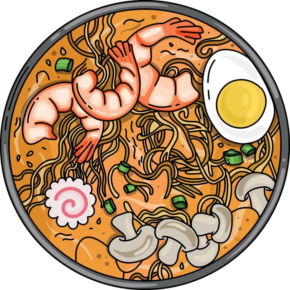 Ramen with noodles, shrimp, egg, and mushroom. Asian food. Doodle illustration for menu, and banner vector