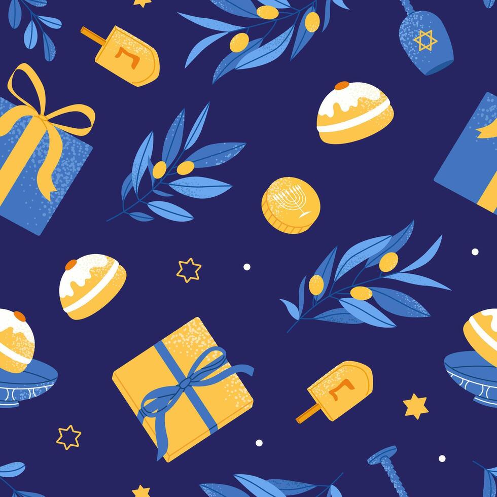 Happy Hanukkah seamless pattern. Modern festive design for wallpaper, wrapping paper, fabric, banner. Flat illustration on blue background. vector