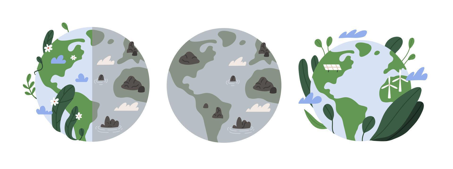 Ecology set with planet. Earth globe two halves clean and polluted. Flat illustration isolated on white background. vector