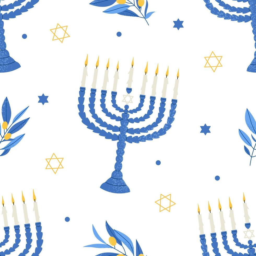 Happy Hanukkah seamless pattern. Jewish holiday print with menorah. Flat illustration on white background. vector
