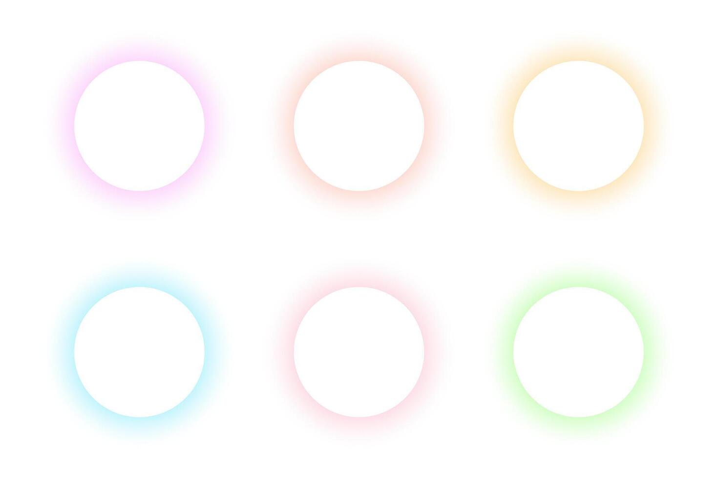 Set of blurry round frames. Circle shapes with pastel pink, orange, red, blue, green neon gradient borders isolated on white background. Abstract design elements with empty space. illustration vector